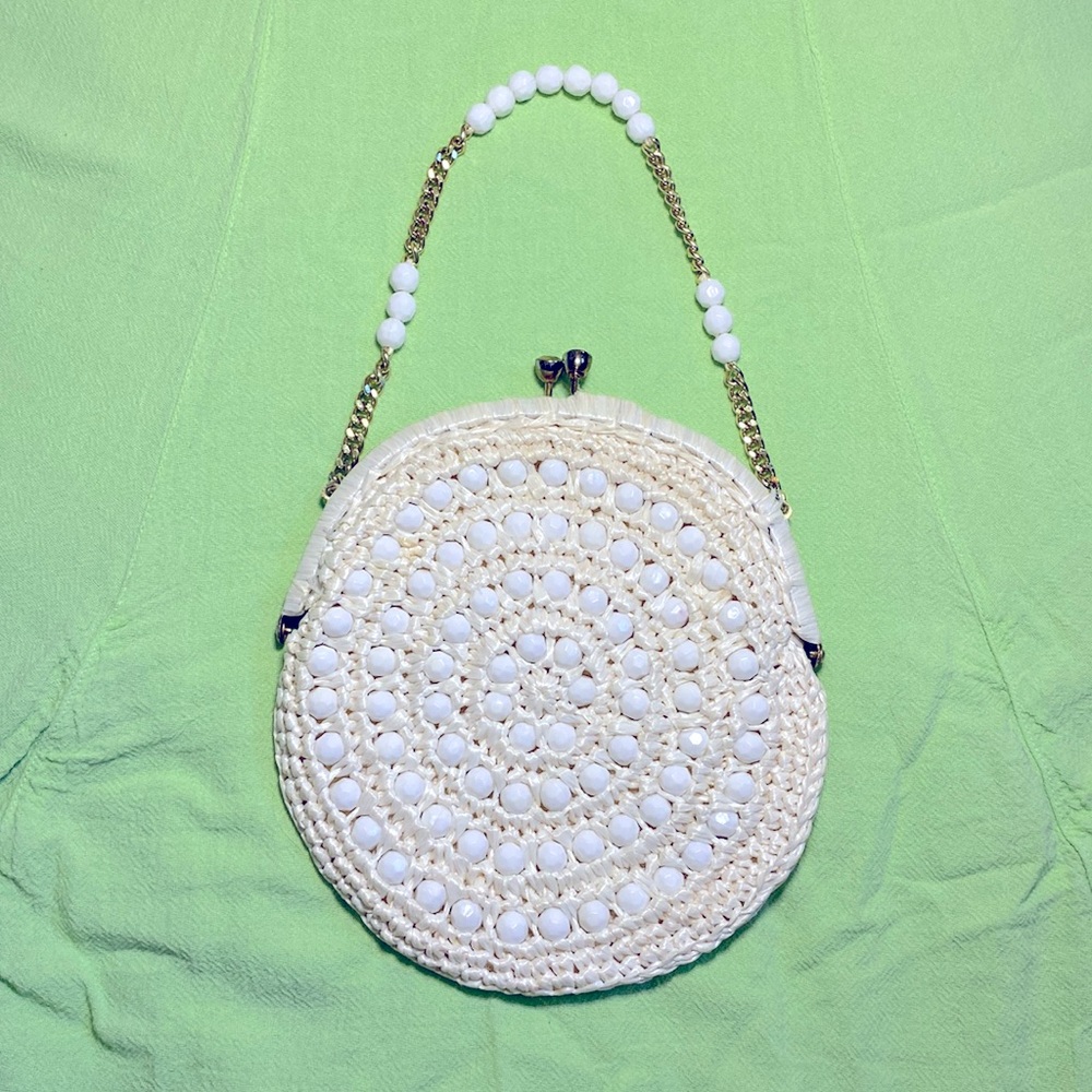 Vintage 60s Woven White Straw & Beaded Handbag by Marcus Brothers of Miami